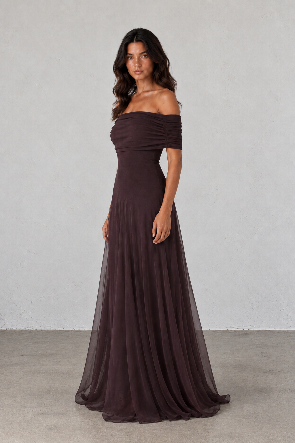 Chocolate Mesh Off-Shoulder Maxi Dress