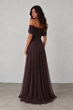 Chocolate Mesh Off-Shoulder Maxi Dress