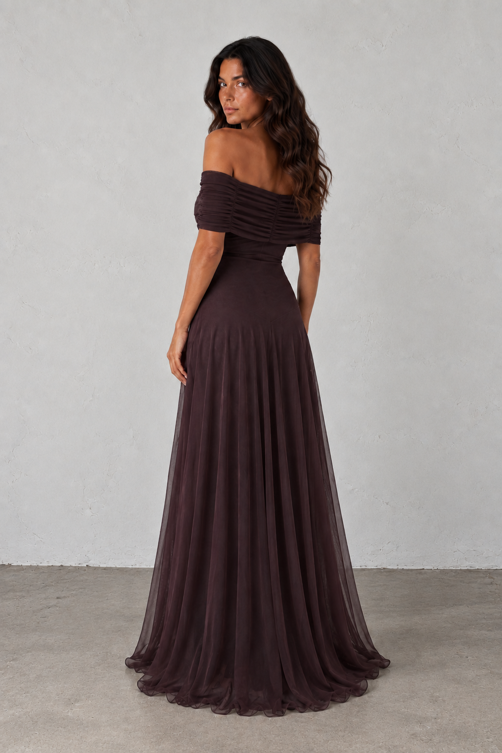 Chocolate Mesh Off-Shoulder Maxi Dress