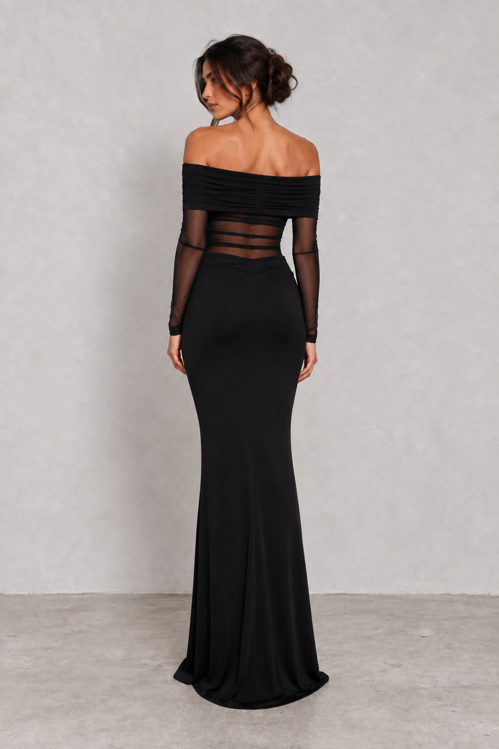 Black Mesh Panel Off-Shoulder Maxi Dress