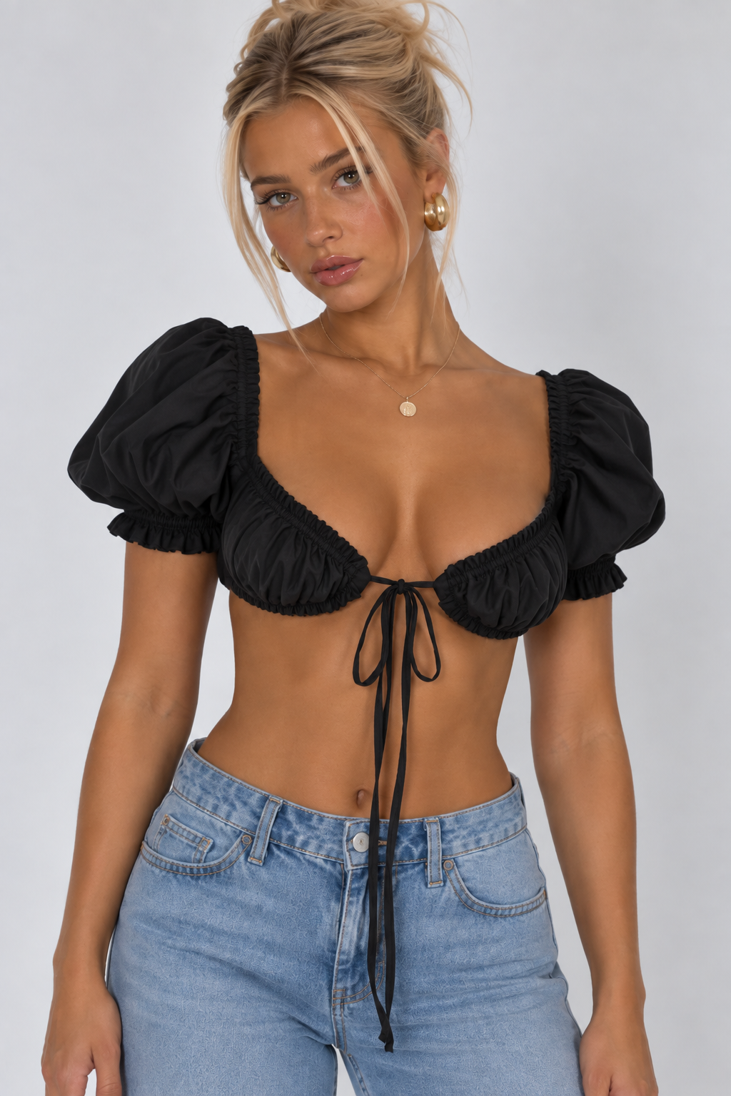 Puff-Sleeve Tie-Front Bralette Top