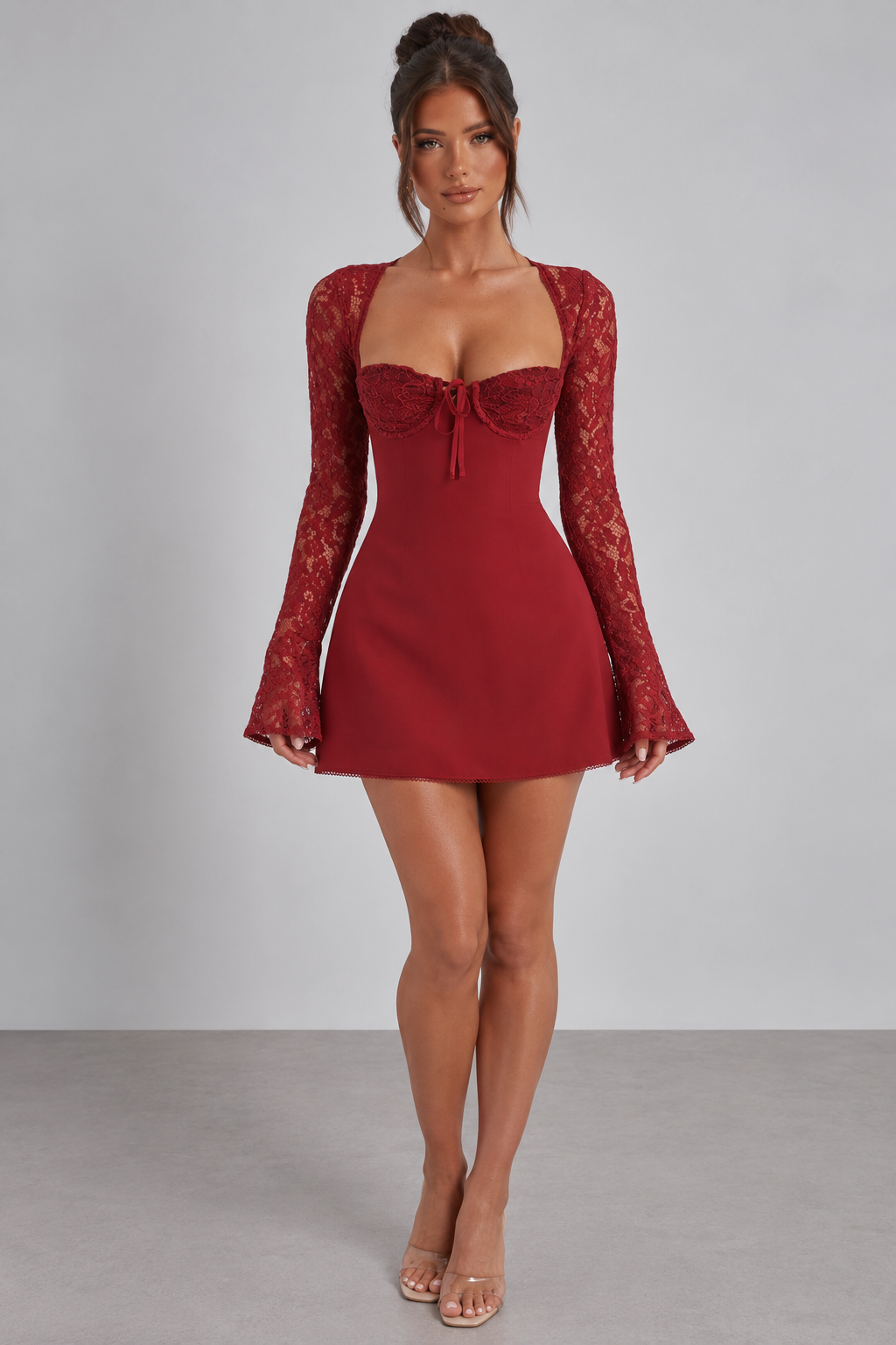 Lace Sleeve Tie-Front Mini Dress