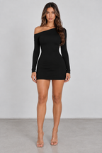 Black Asymmetric Neckline Mini Dress