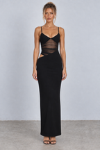 Plunge Mesh Cutout Maxi Dress