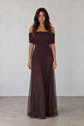 Chocolate Mesh Off-Shoulder Maxi Dress