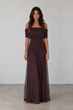 Chocolate Mesh Off-Shoulder Maxi Dress