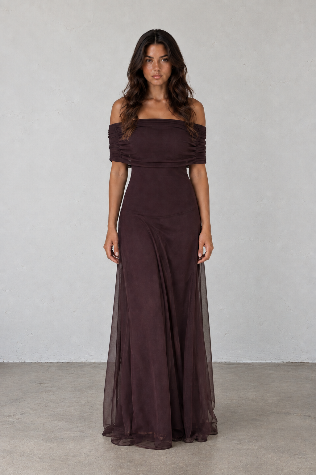 Chocolate Mesh Off-Shoulder Maxi Dress