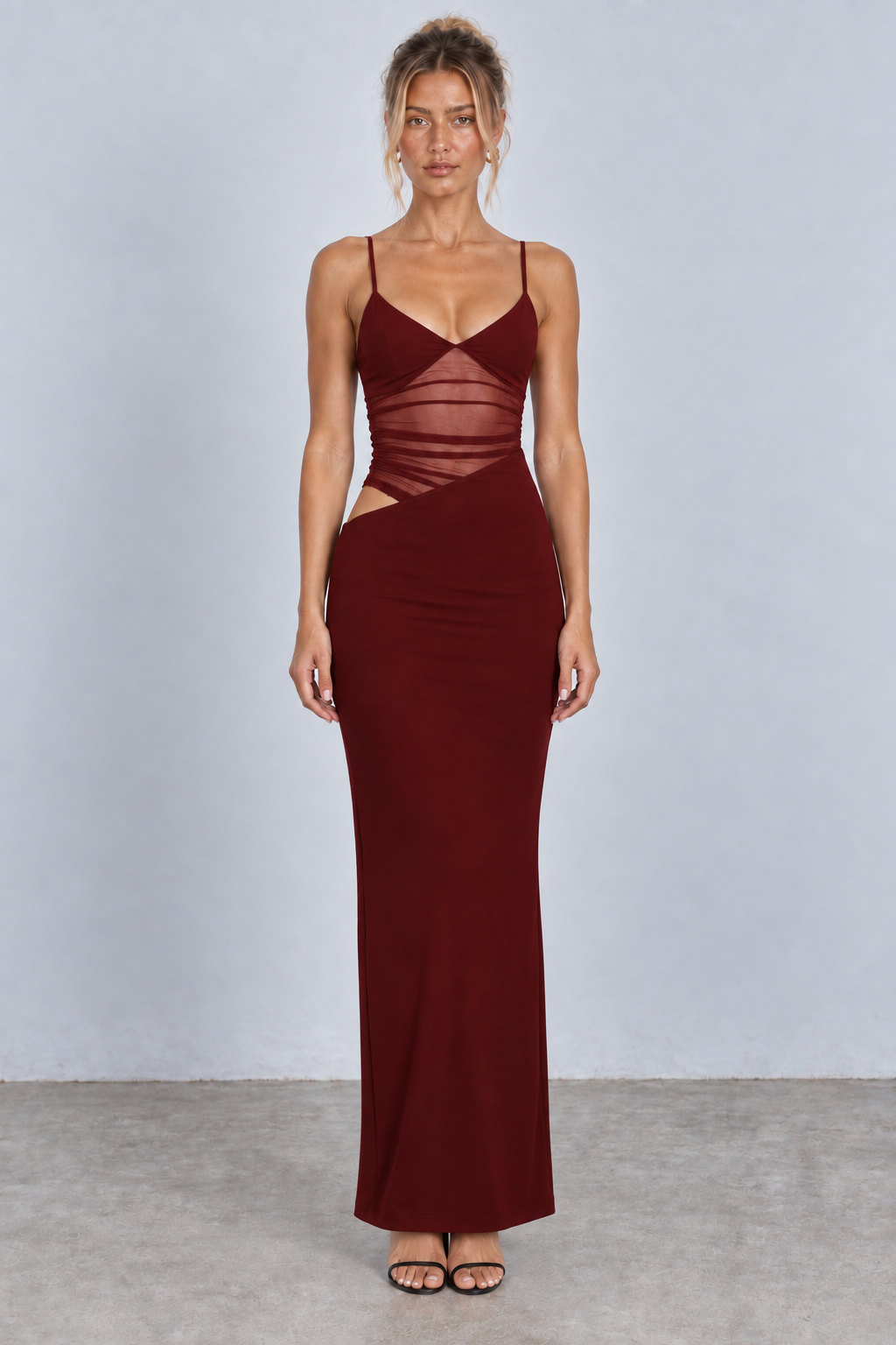Plunge Mesh Cutout Maxi Dress