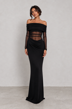Black Mesh Panel Off-Shoulder Maxi Dress