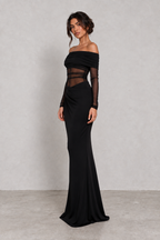 Black Mesh Panel Off-Shoulder Maxi Dress