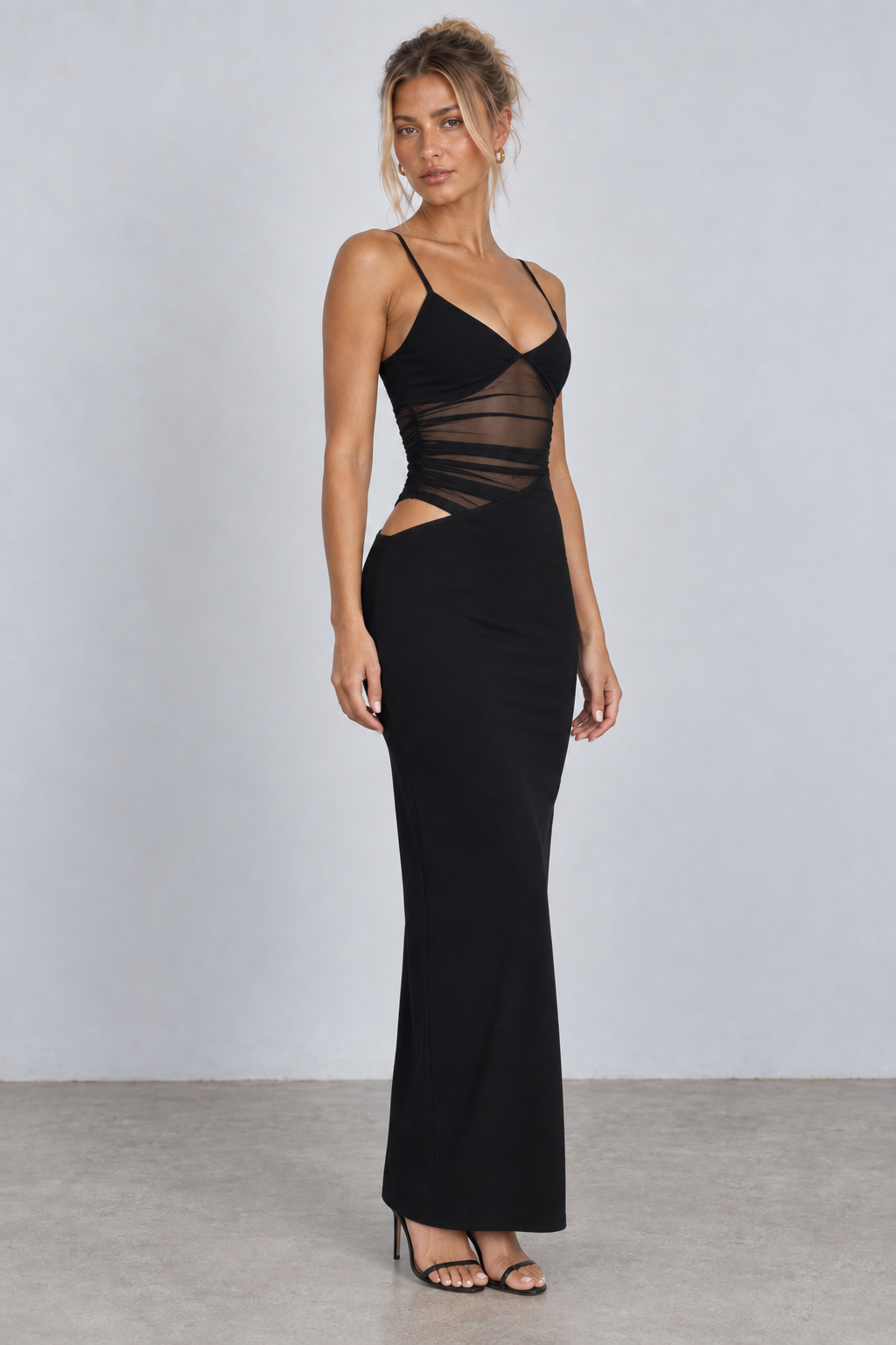 Plunge Mesh Cutout Maxi Dress