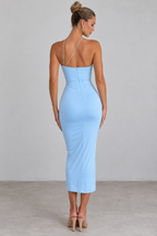 Baby blue rosette ruched midi dress — back view