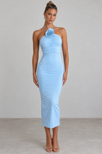 Baby blue rosette ruched midi dress — front view