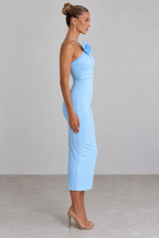 Baby blue rosette ruched midi dress — side view