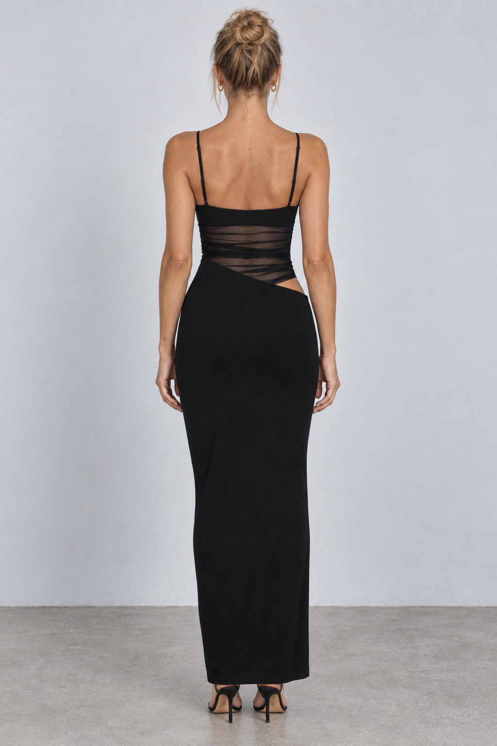 Plunge Mesh Cutout Maxi Dress