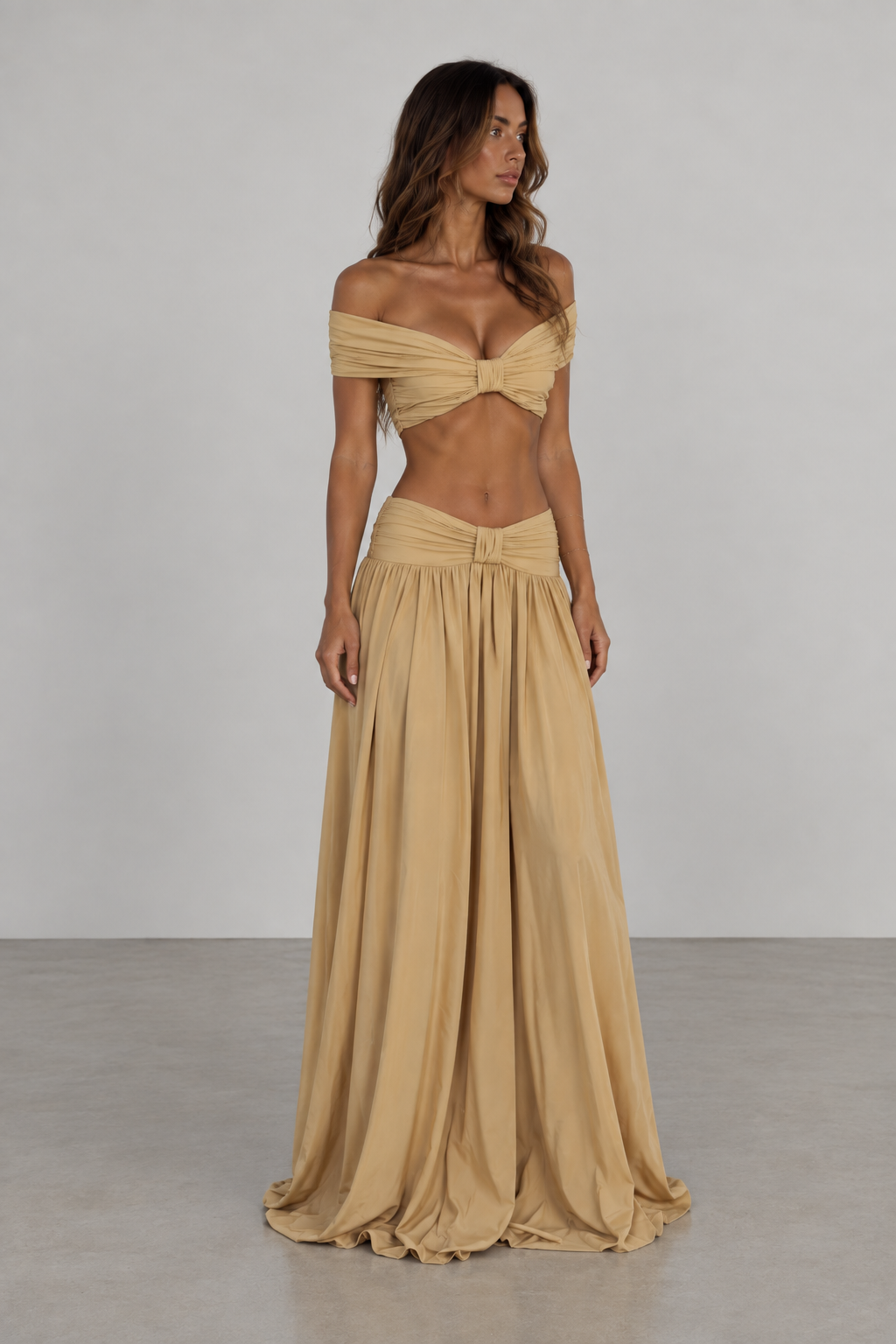 Beige off shoulder top and maxi skirt set angled view