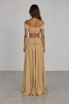 Beige off shoulder top and maxi skirt set back view