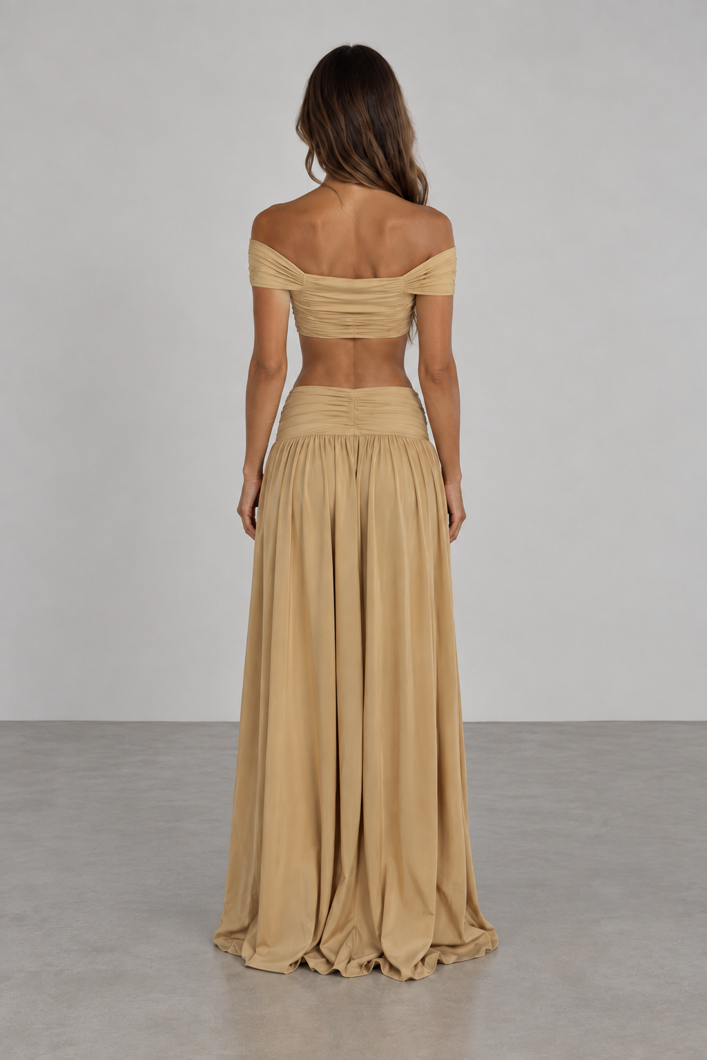 Beige off shoulder top and maxi skirt set back view