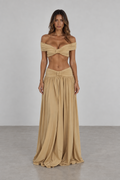 Beige off shoulder top and maxi skirt set front view