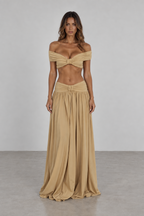 Beige off shoulder top and maxi skirt set front view