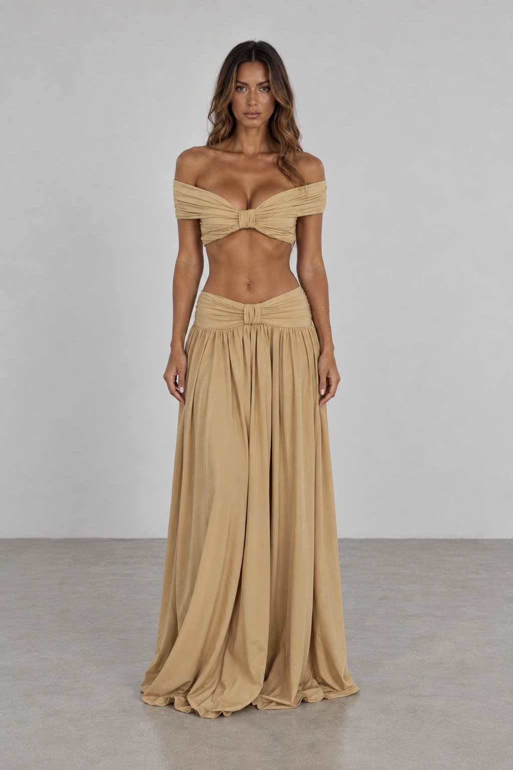 Beige off shoulder top and maxi skirt set front view