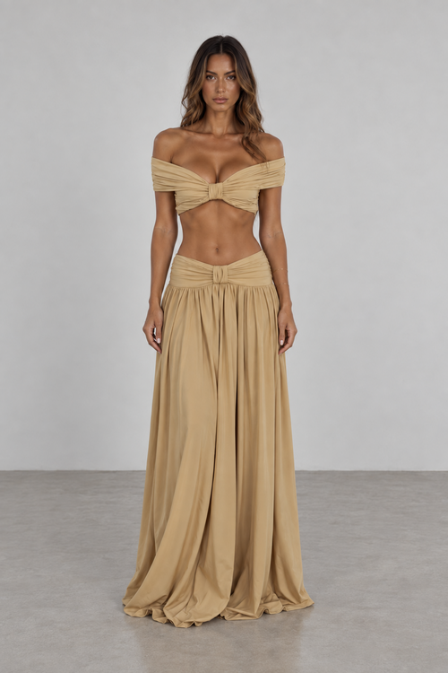 Beige off shoulder top and maxi skirt set front view