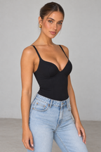 Black bustier bodysuit — angled view