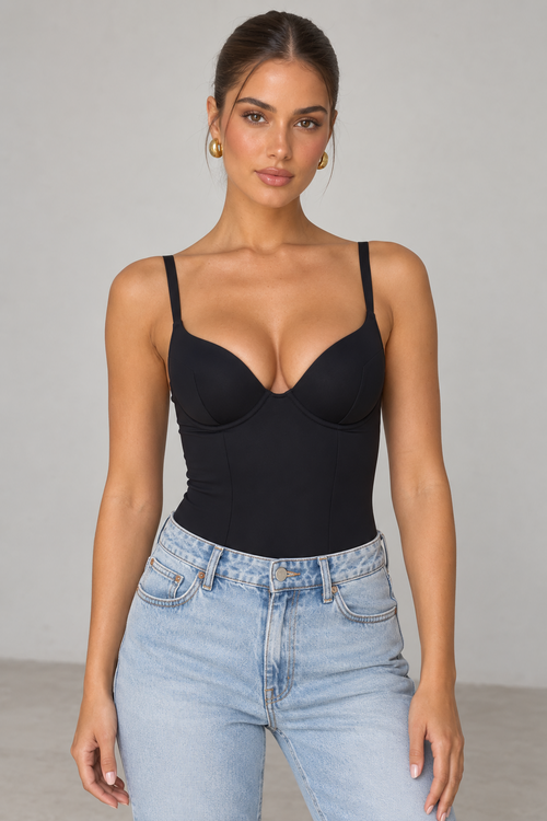 Black bustier bodysuit — front view