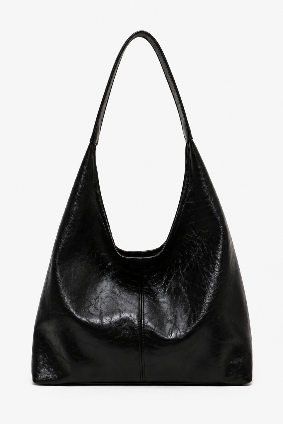 Black Crinkled Faux Leather Hobo Bag, front view