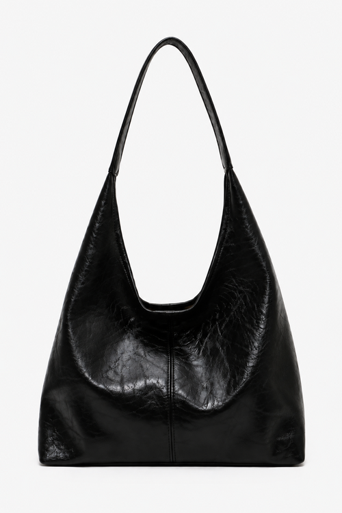 Black Crinkled Faux Leather Hobo Bag, front view