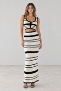 Front view of black and ivory striped crochet crop top and maxi skirt set
