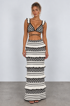 Black and ivory geometric ruffle maxi skirt set — front view