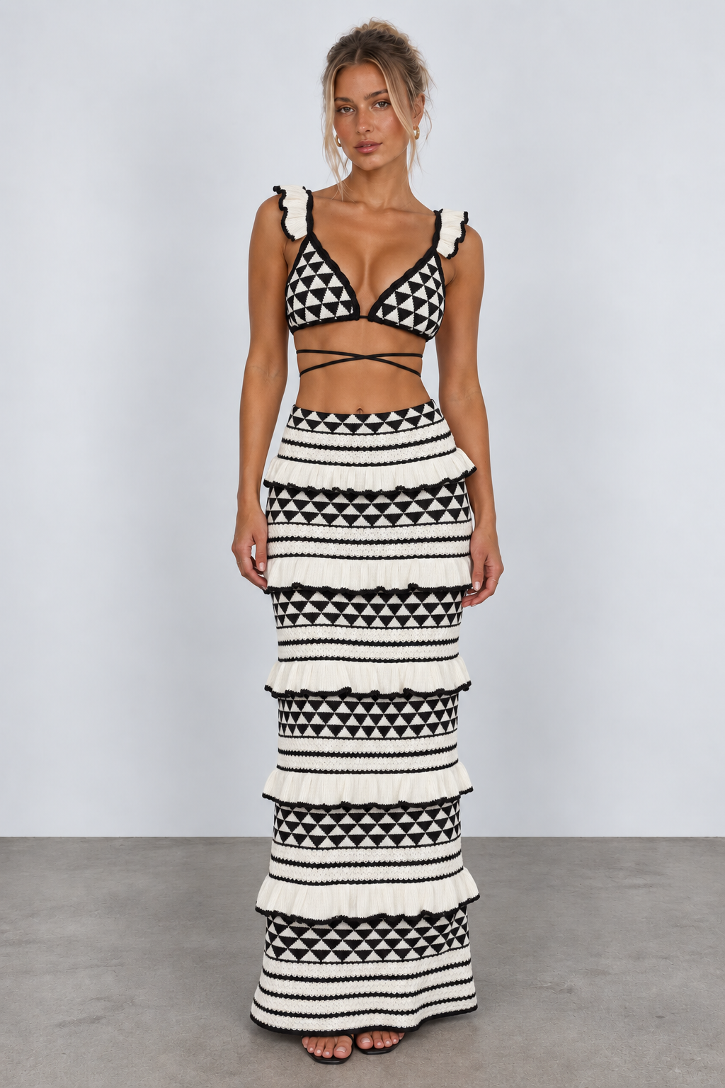 Black and ivory geometric ruffle maxi skirt set — front view