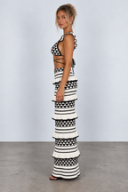 Black and ivory geometric ruffle maxi skirt set — side view