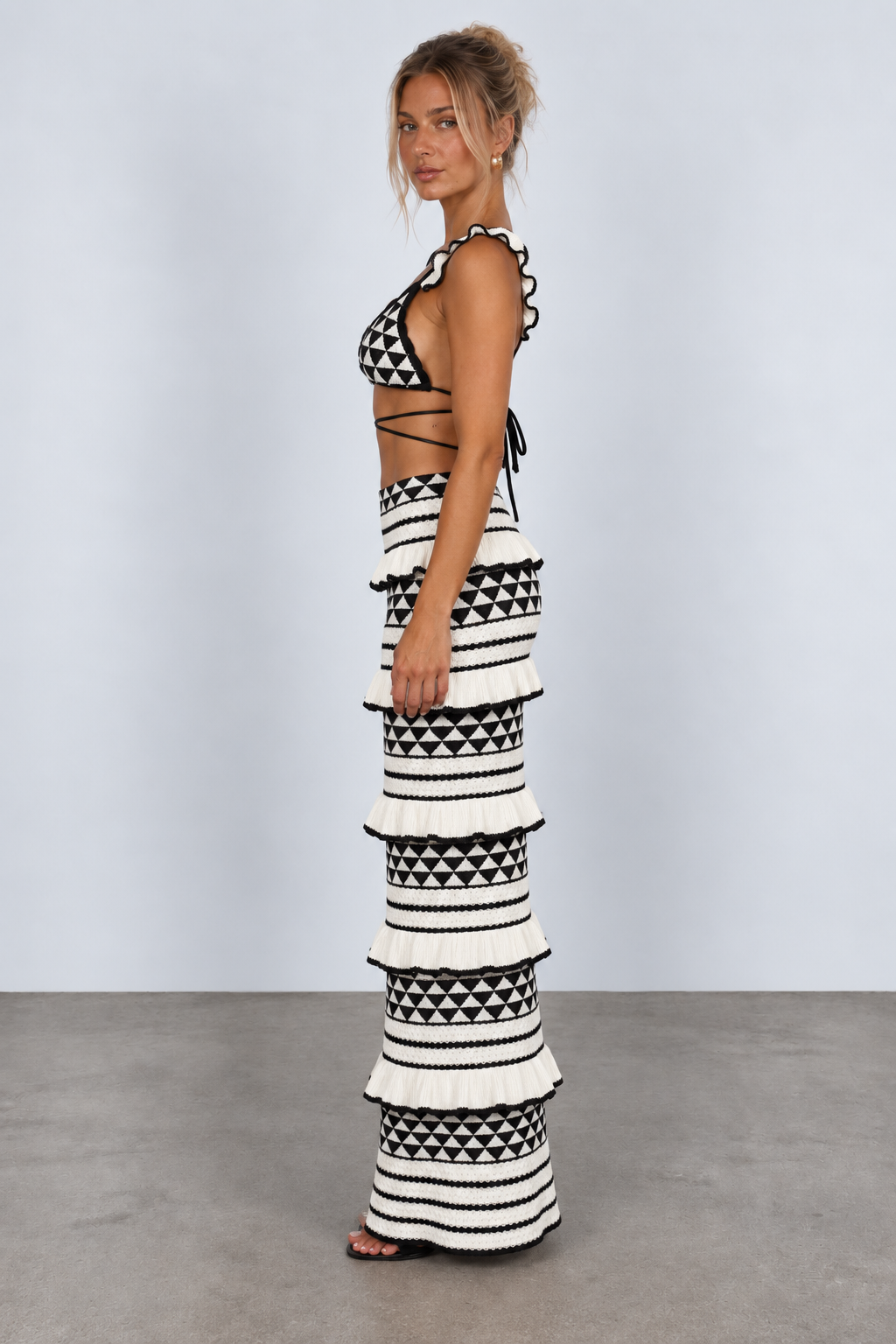 Black and ivory geometric ruffle maxi skirt set — side view