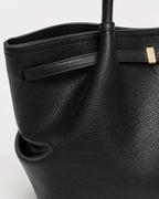 Black Pebbled Leather Tote Bag gold buckle detail close up