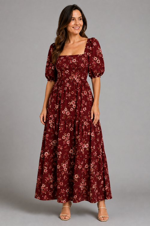 Burgundy Bloom Puff-Sleeve Floral Maxi Dress – front view