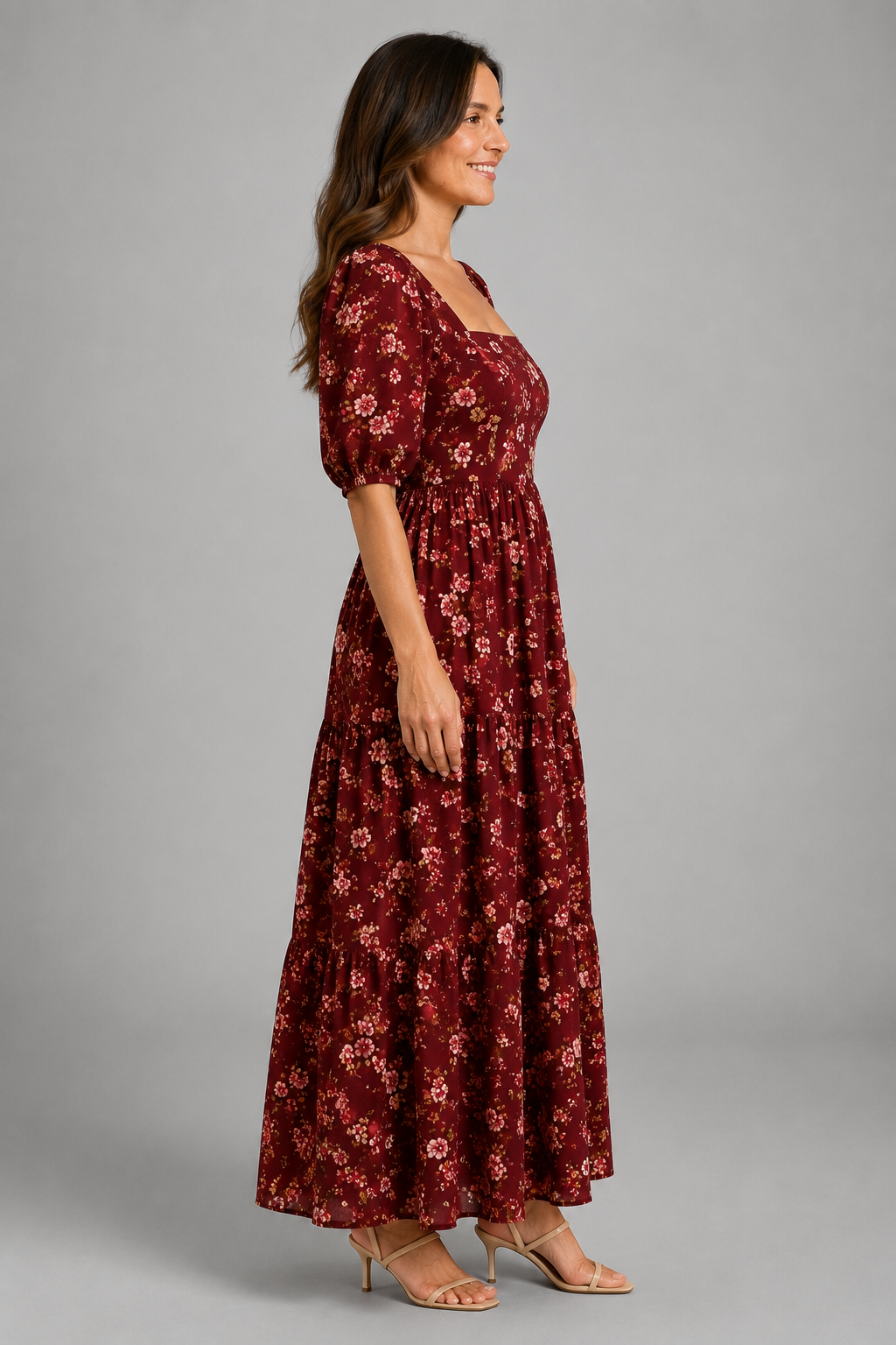 Burgundy Bloom Puff-Sleeve Floral Maxi Dress – side view