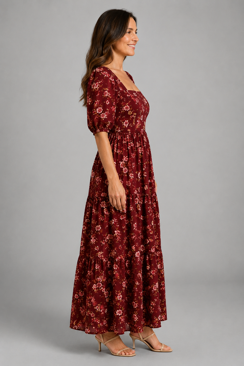 Burgundy Bloom Puff-Sleeve Floral Maxi Dress – side view