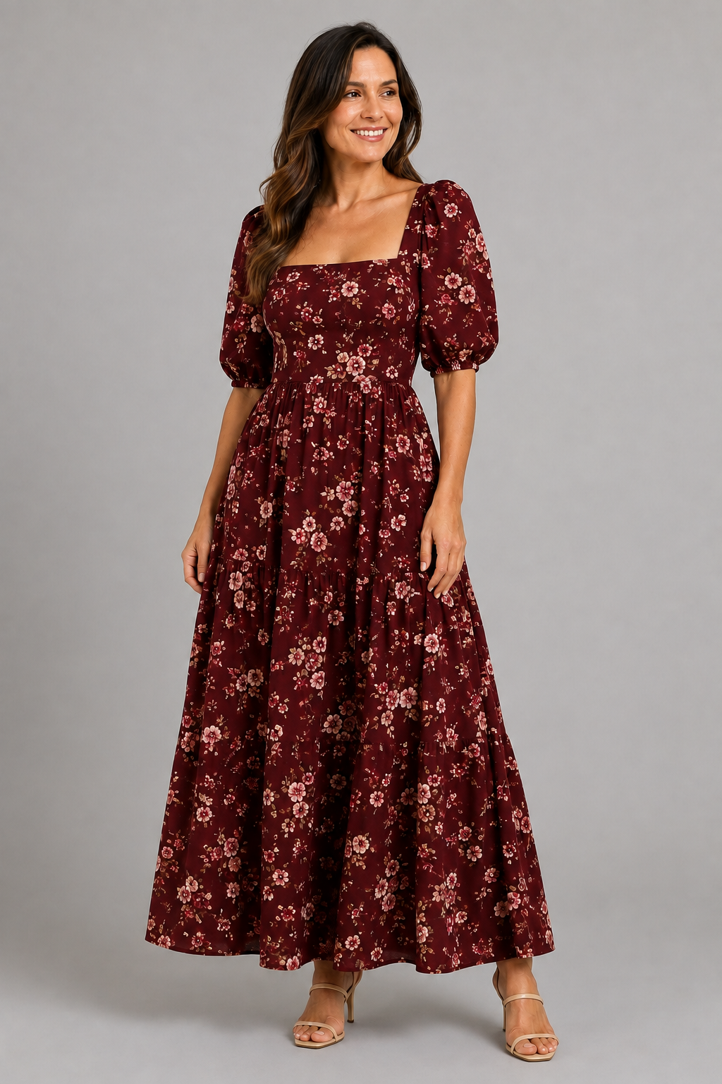 Burgundy Bloom Puff-Sleeve Floral Maxi Dress – three-quarter view