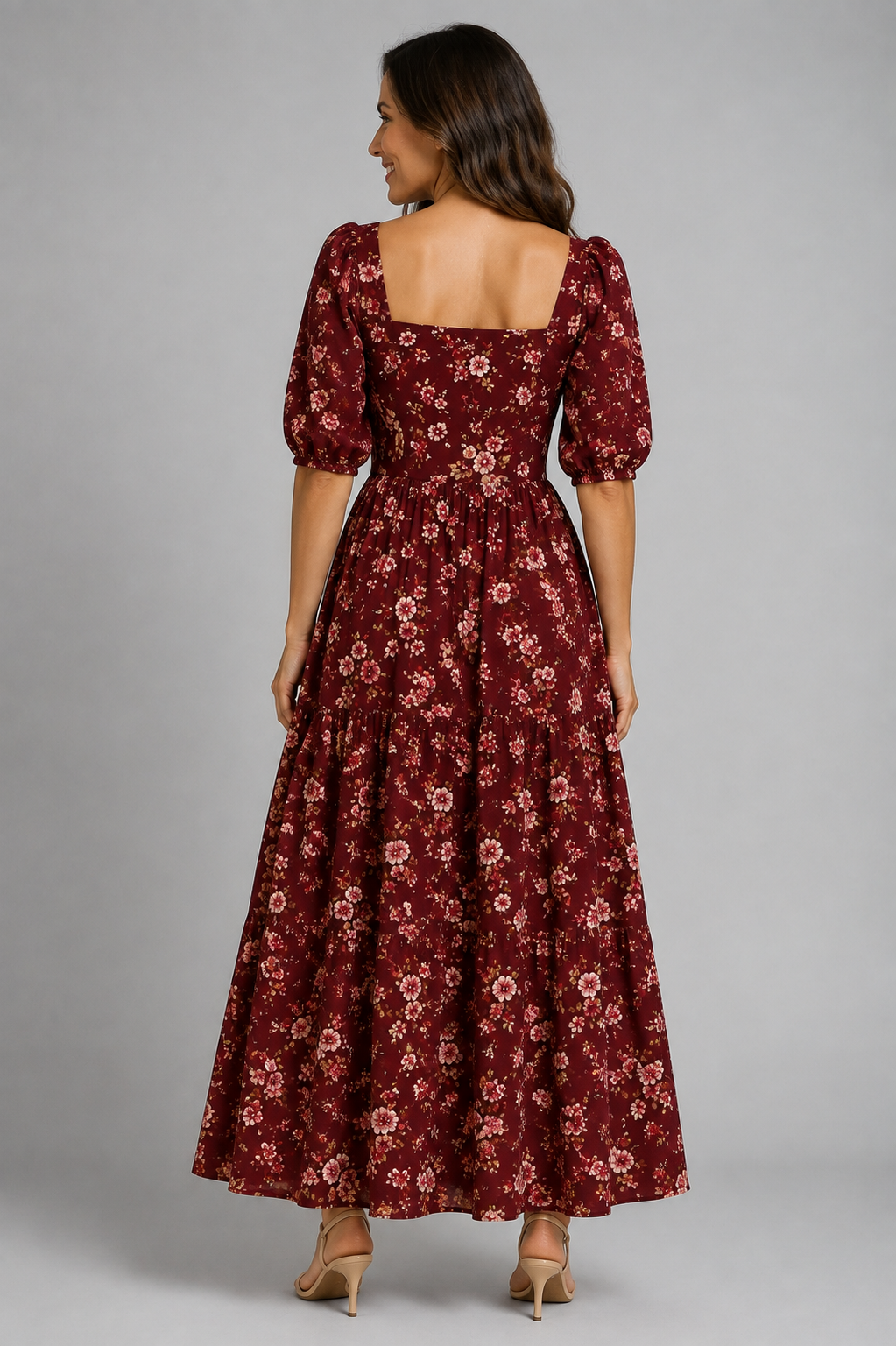 Burgundy Bloom Puff-Sleeve Floral Maxi Dress – back view
