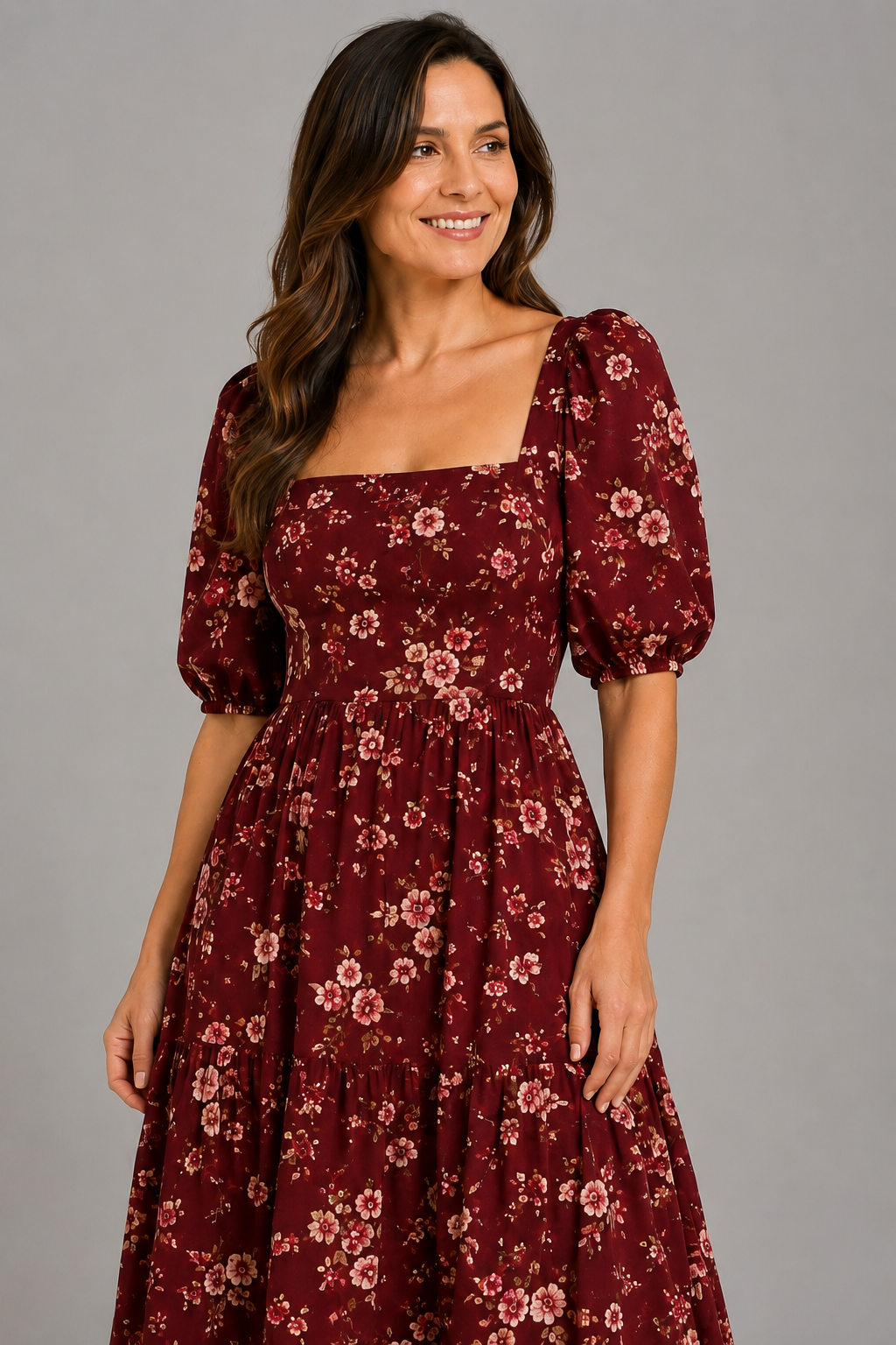 Burgundy Bloom Puff-Sleeve Floral Maxi Dress – square neckline and sleeve detail
