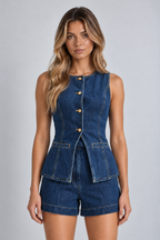 Button-Front Peplum Denim Set