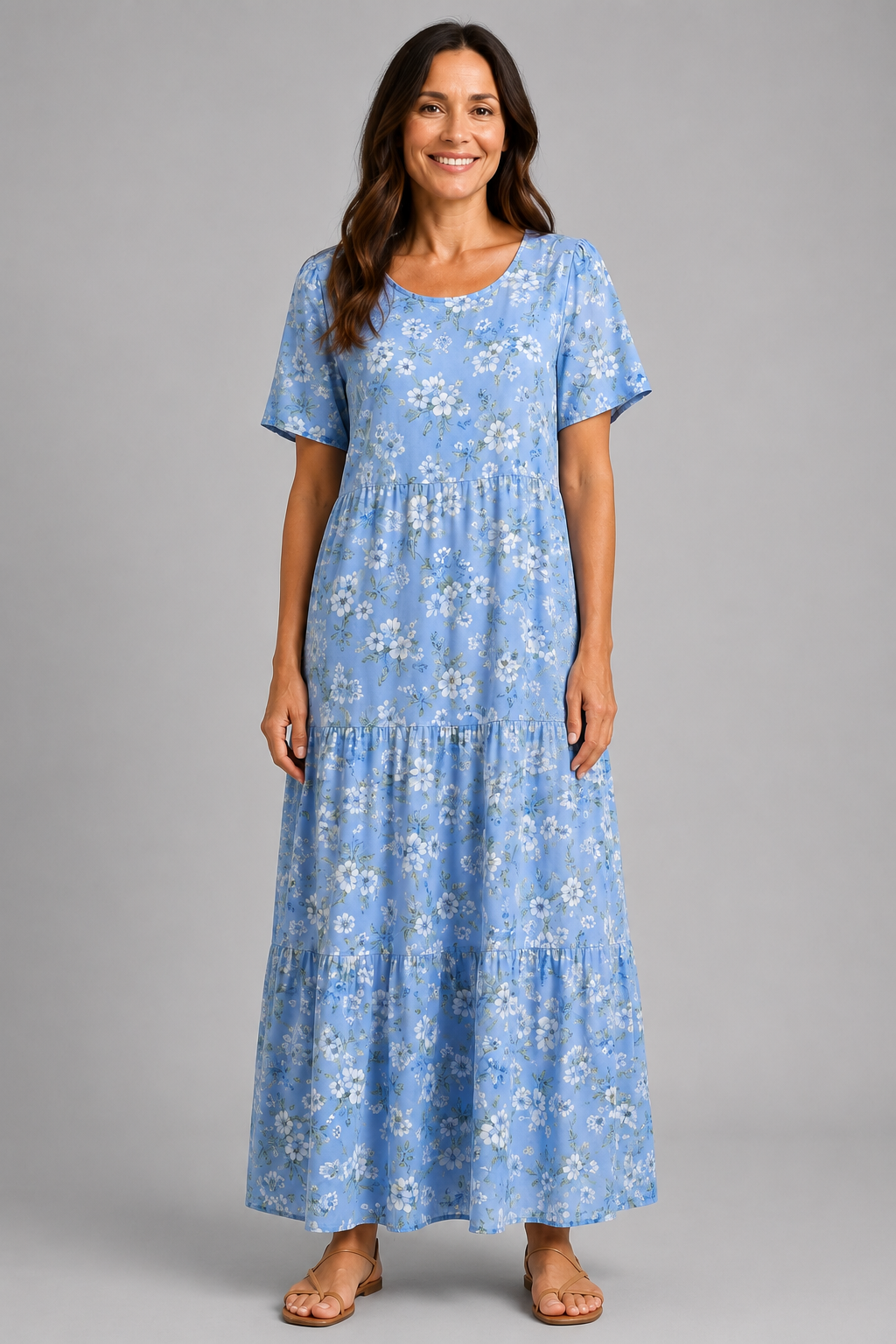 Coastal Blue Tiered Floral Maxi Dress – front view