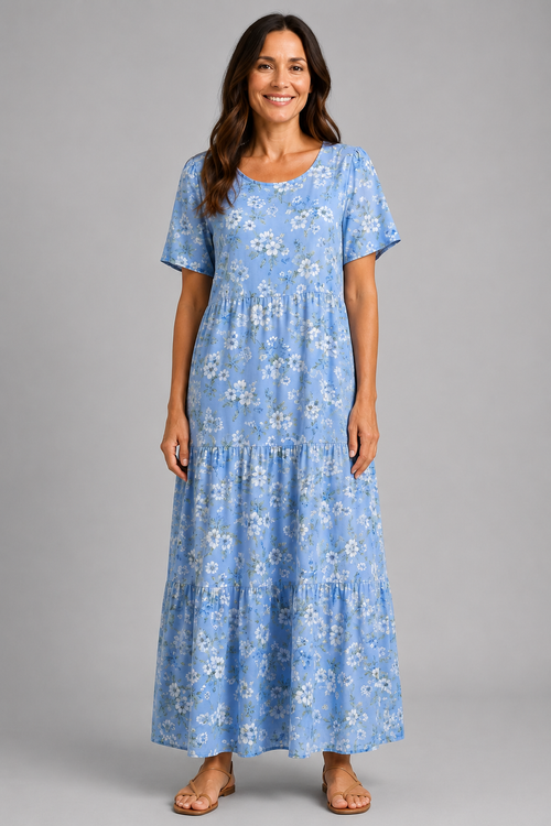 Coastal Blue Tiered Floral Maxi Dress – front view