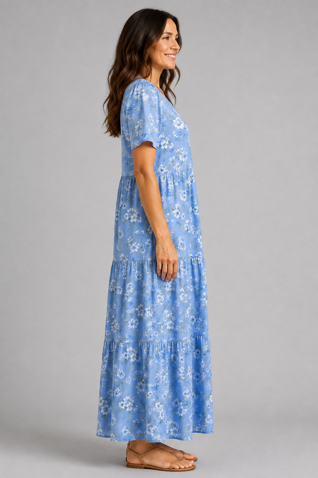 Coastal Blue Tiered Floral Maxi Dress – side view