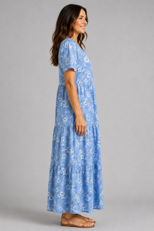 Coastal Blue Tiered Floral Maxi Dress – side view