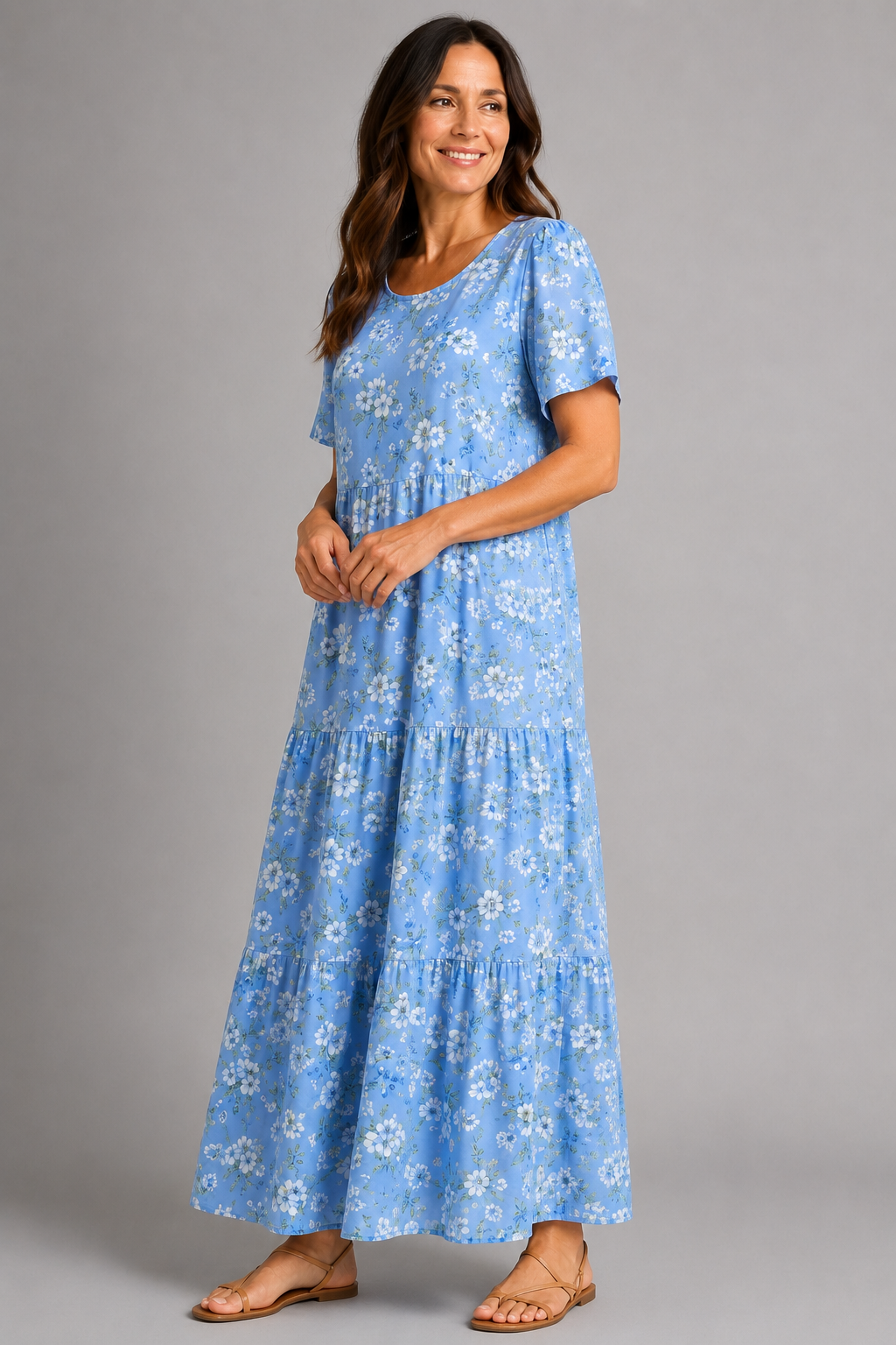 Coastal Blue Tiered Floral Maxi Dress – three-quarter view