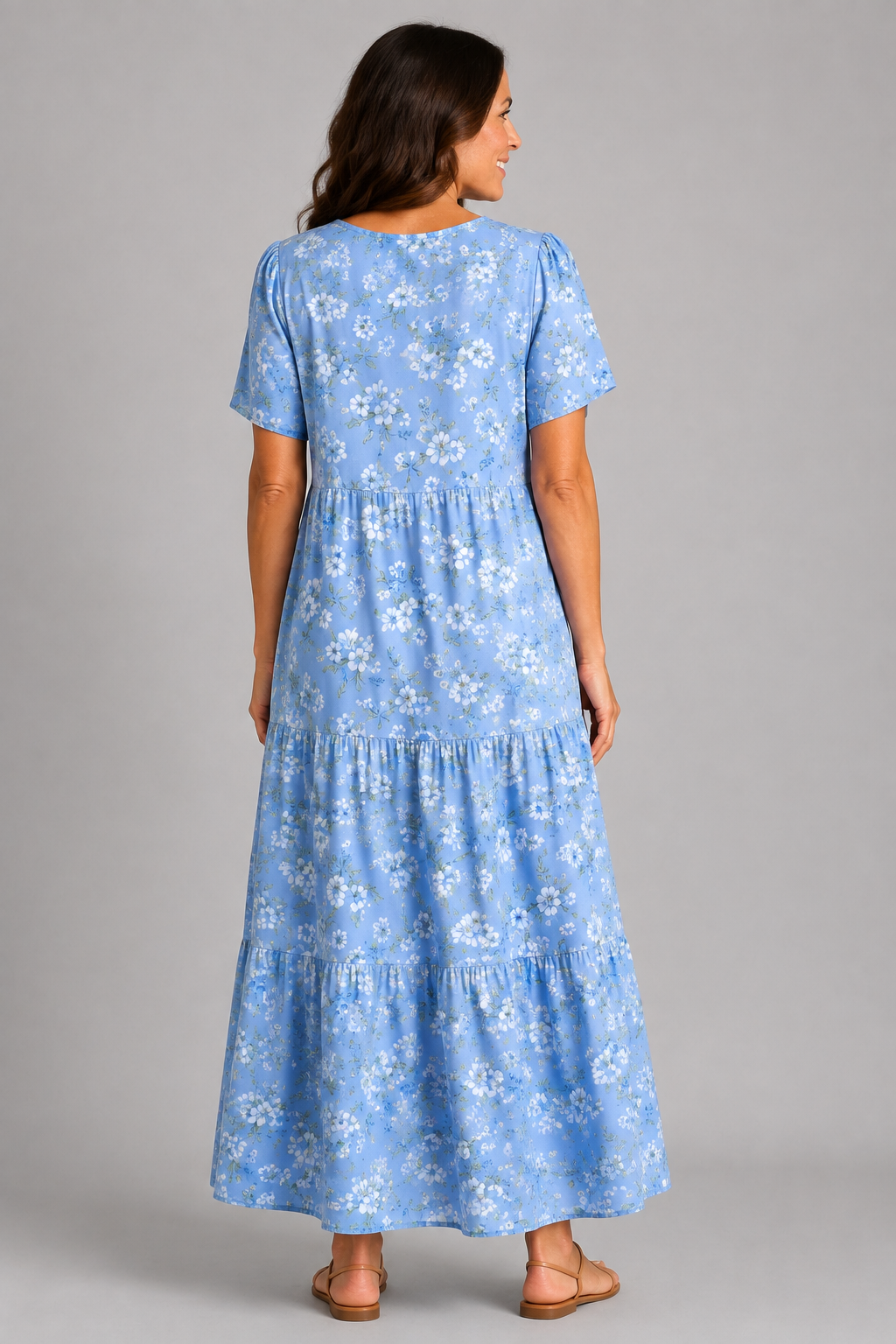 Coastal Blue Tiered Floral Maxi Dress – back view