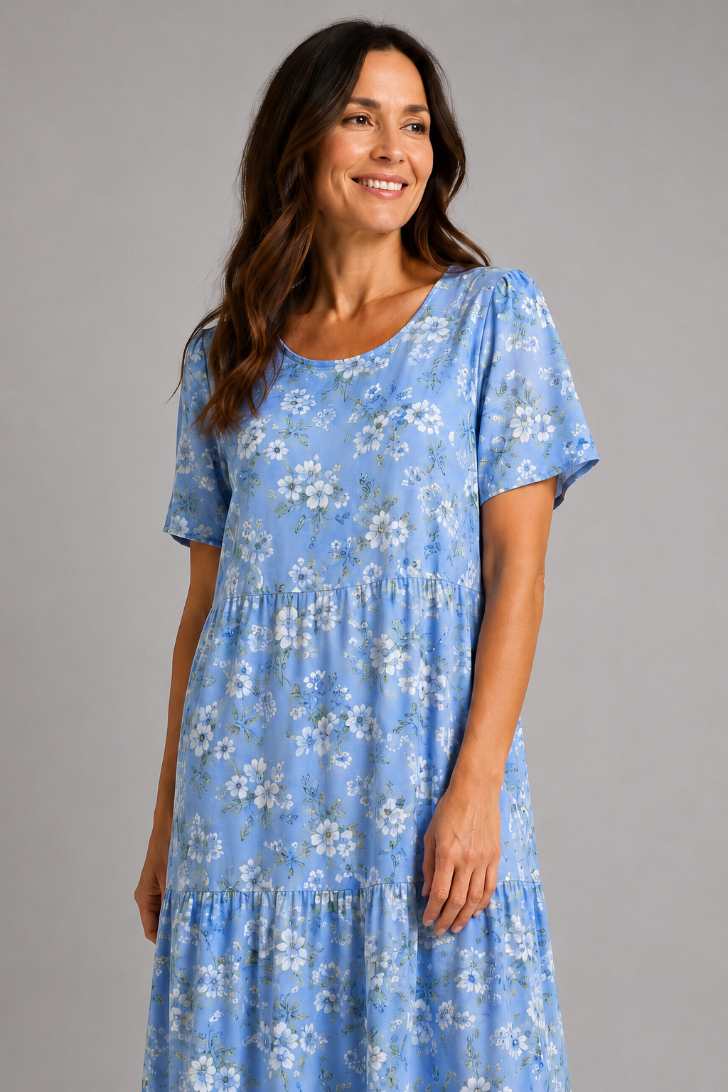Coastal Blue Tiered Floral Maxi Dress – fabric and neckline detail